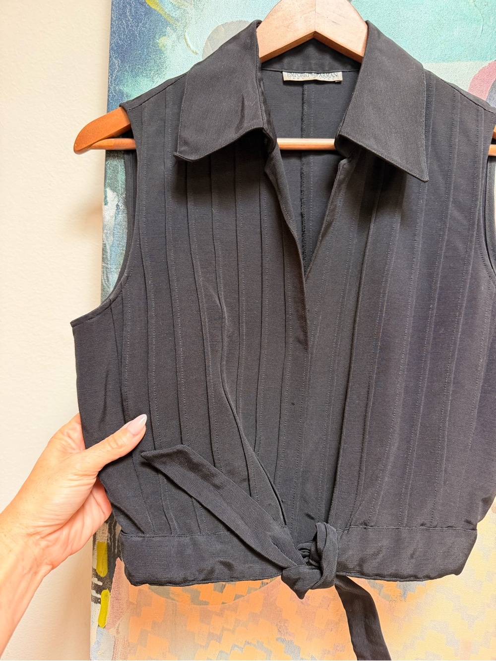 Vintage 1990s Emporio Armani Black Sleeveless Tie-Front Cropped Vest Top - Picture 2 of 6